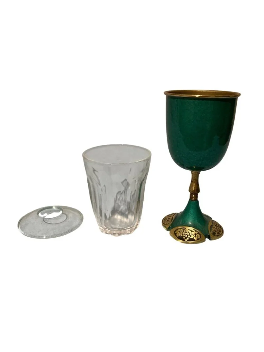 Vintage Brass And Enamel Kiddush Cup With Glass Insert And Top